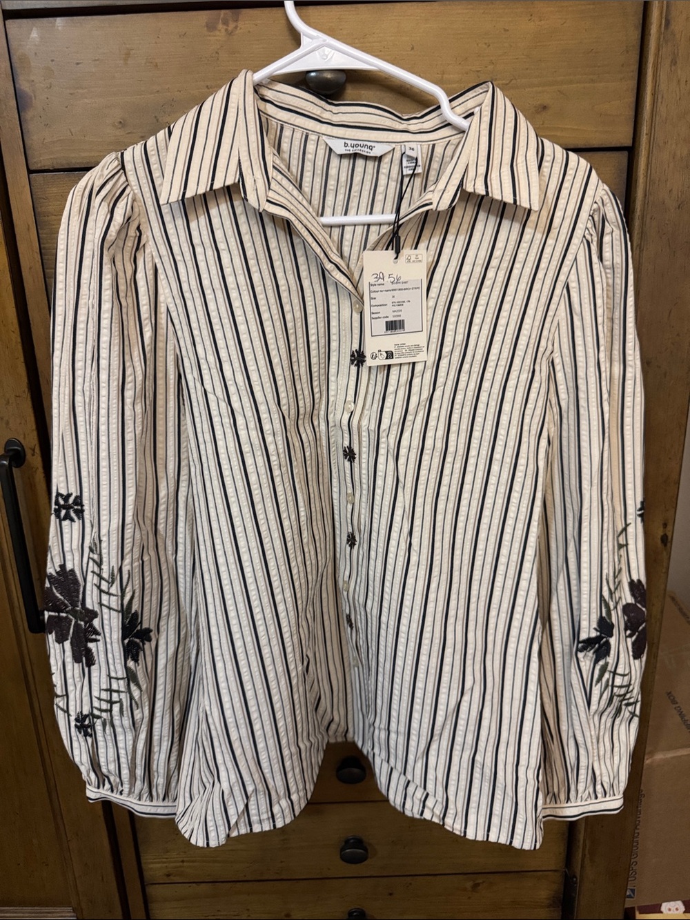 Striped Button-Up Blouse with Floral Sleeve Embroidery